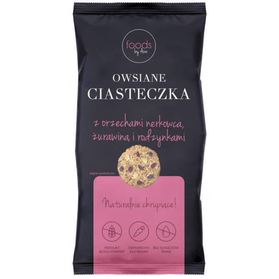 FOODS BY ANN Ciasteczka owsiane z nerkowcami, żurawiną i rodzynkami bezglutenowe 100g FOODS BY ANN Ciasteczka owsiane z nerkowcami, żurawiną i rodzynkami bezglutenowe 100g